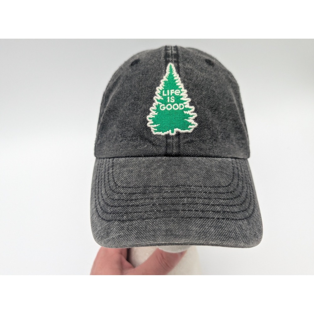 Life is Good Hat Mens Black Washed Cotton Pine Tree Embroidered Strapback Cap